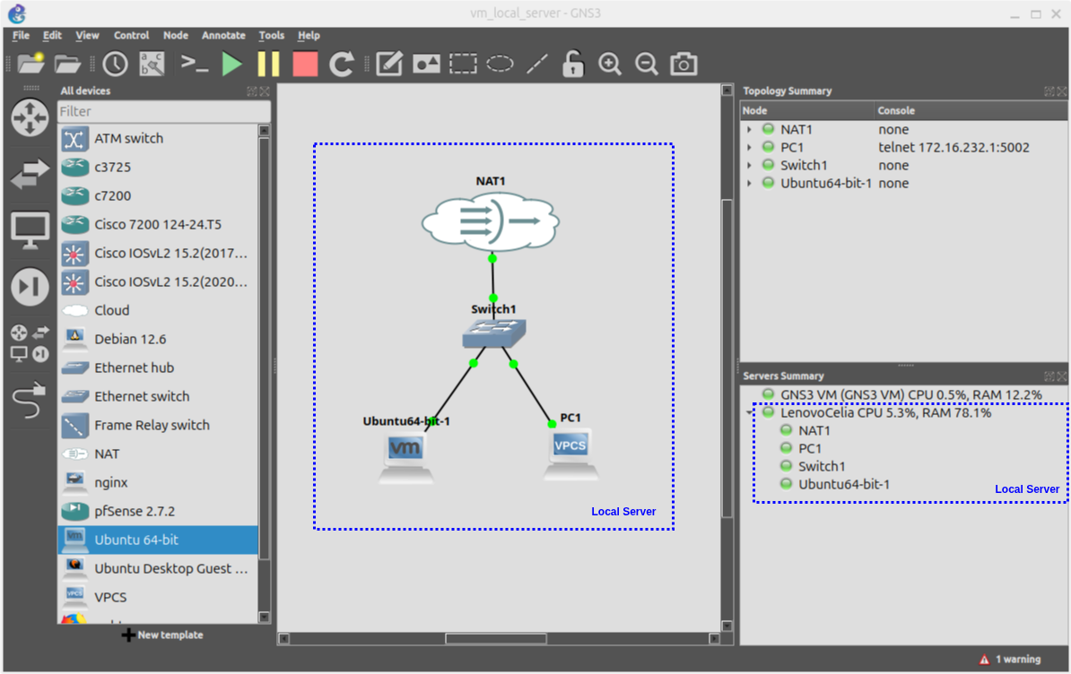 Topología de ejemplo para conectar una VM local con el servidor local de GNS3