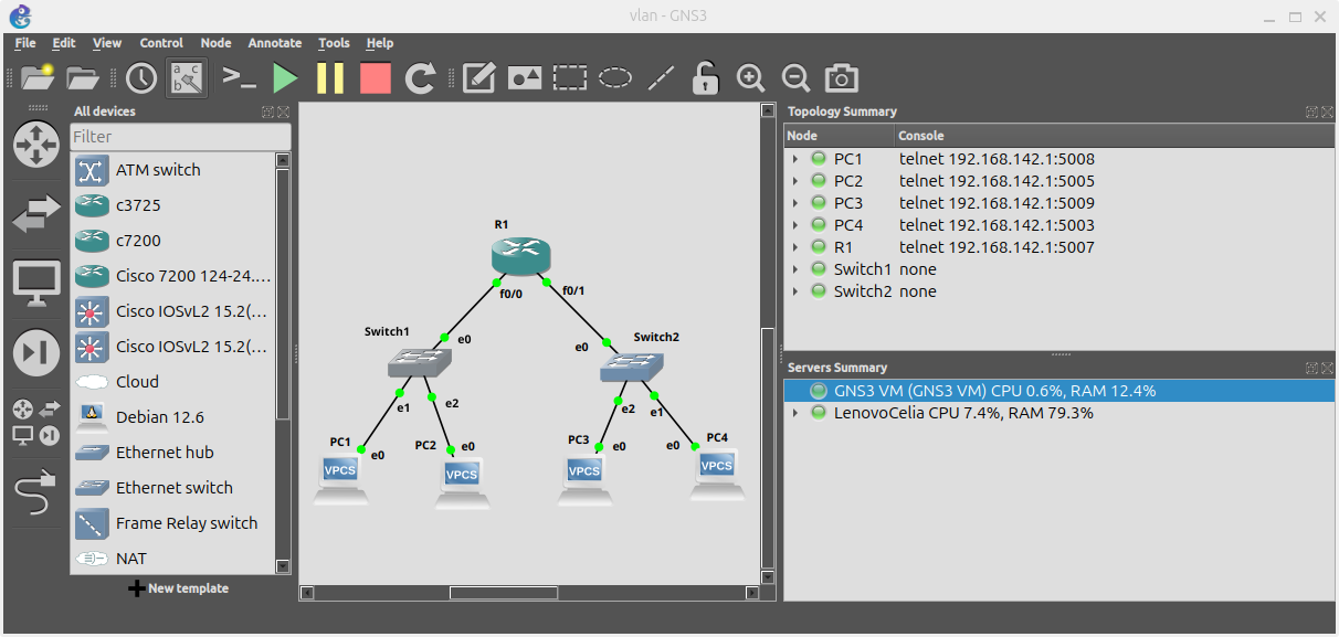 En el panel derecho se muestra el estado de la GNS3 VM