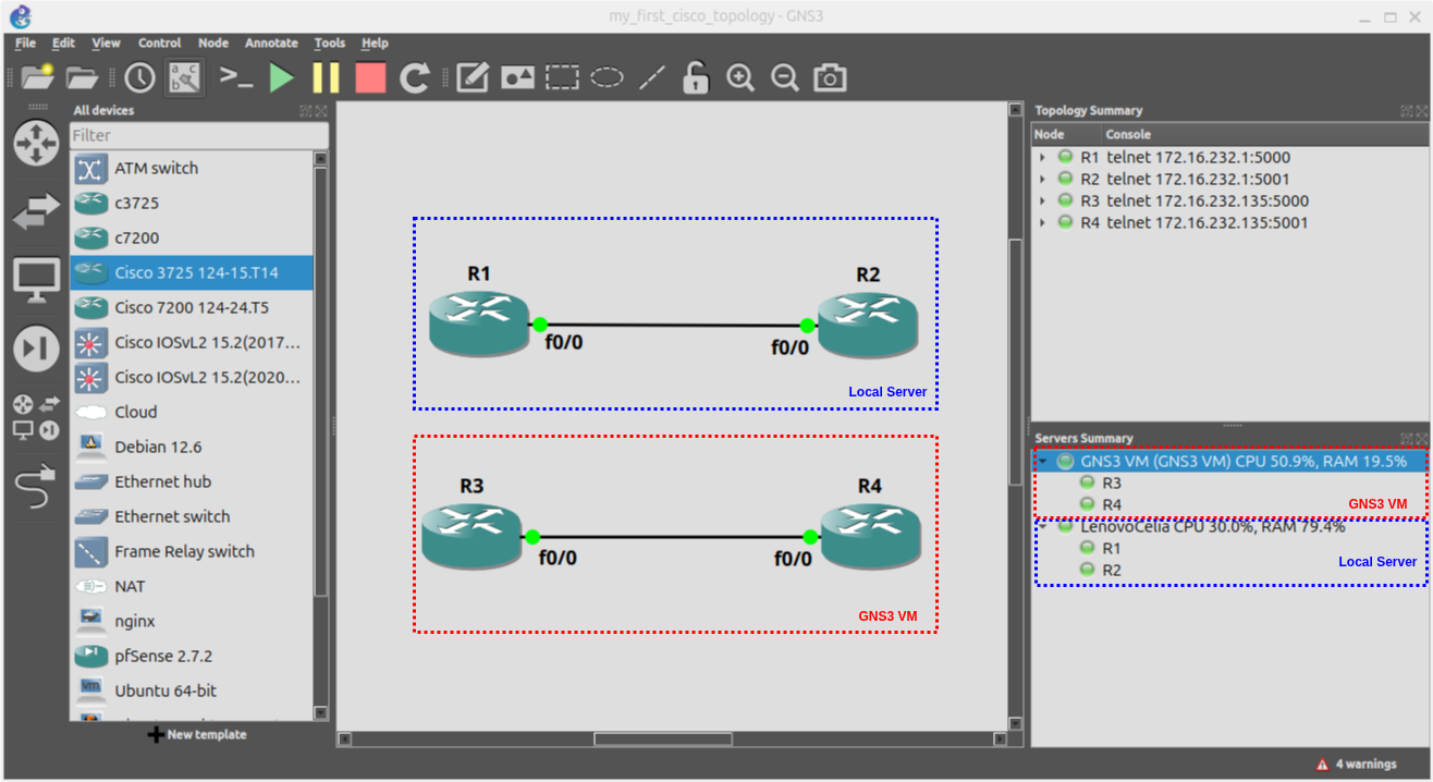 Routers Cisco ejecutándose en el servidor local de GNS3 y en el servidor GNS3 VM