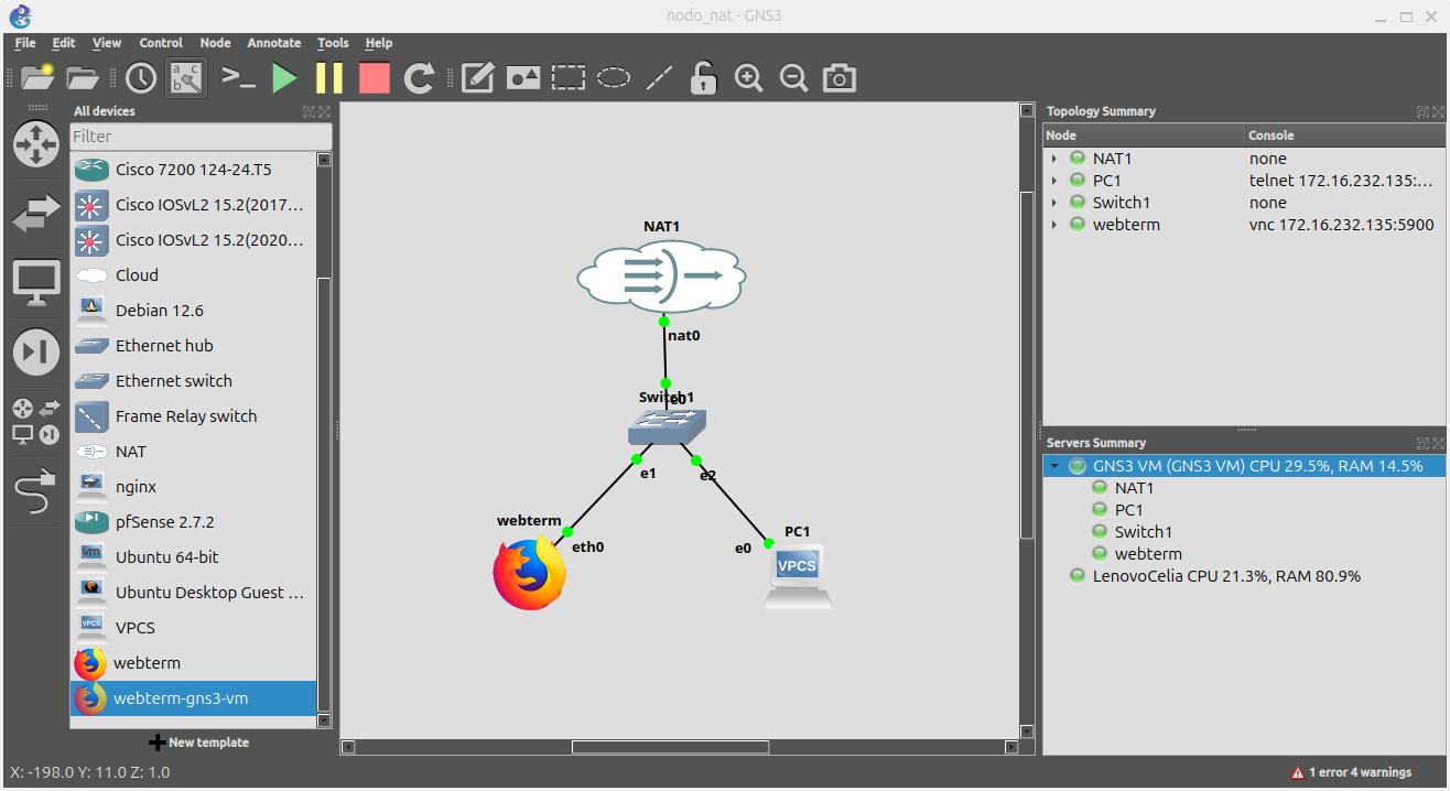 Topología de red que utilizaremos en este laboratorio con un nodo NAT en el servidor de GNS3 VM