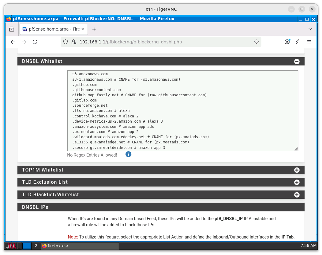 La lista blanca de DNS (Whitelist) la puede encontrar en la ruta Firewall ++>++ pfBlockerNG ++>++ DNSBL. Tendrá que eliminar el dominio `youtube.com` de esta lista para poder bloquearlo.