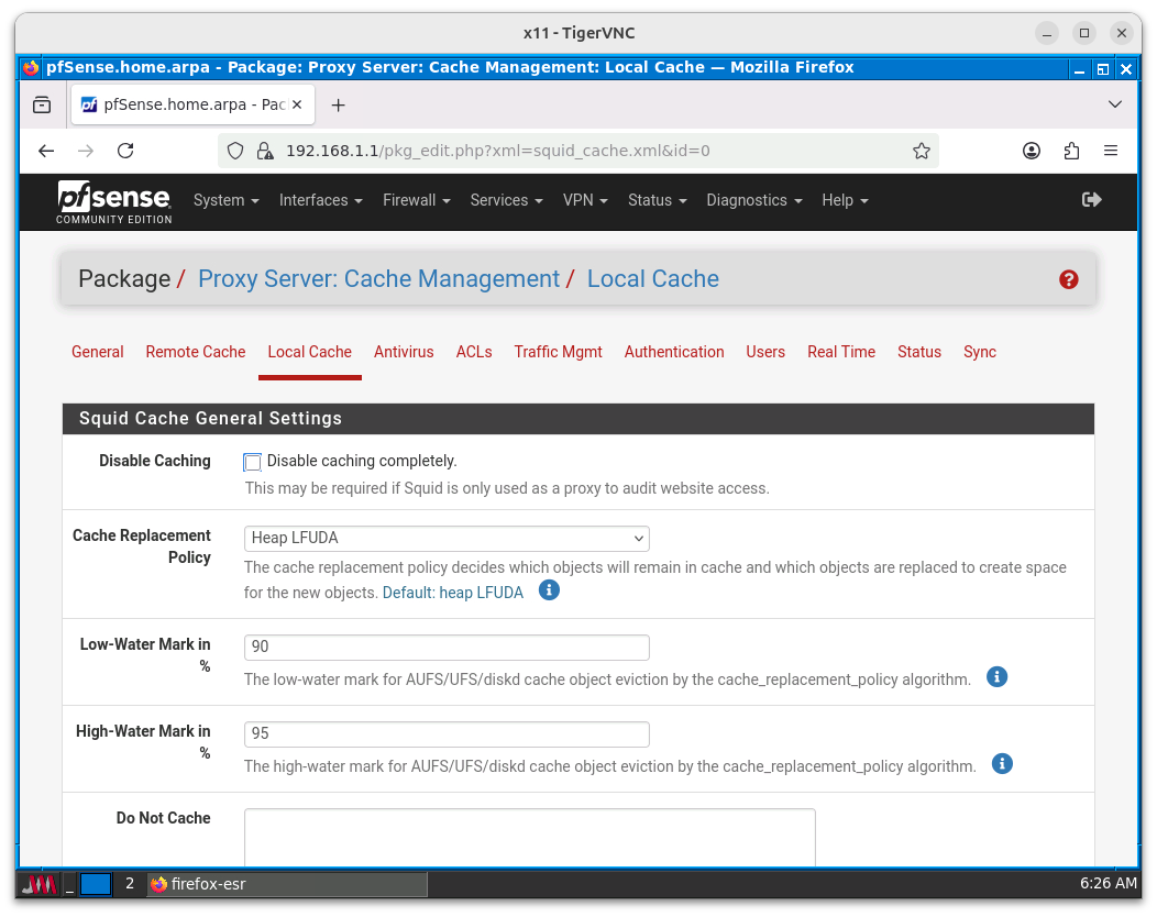 Pestaña de configuración del almacenamiento en caché (Local Cache)
