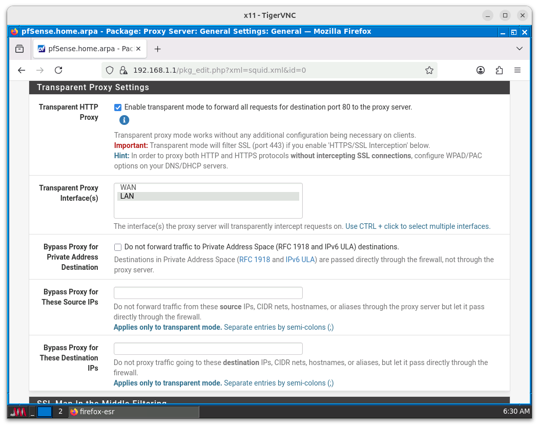 Activación de la opción *Transparent HTTP Proxy*