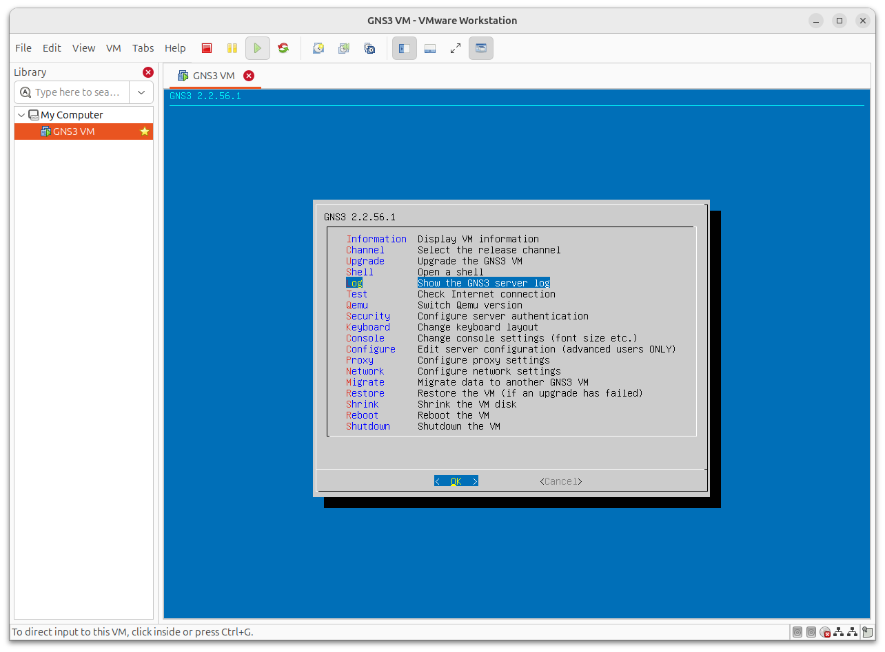 Seleccionamos la opción de _Log. Show the GNS3 server log_
