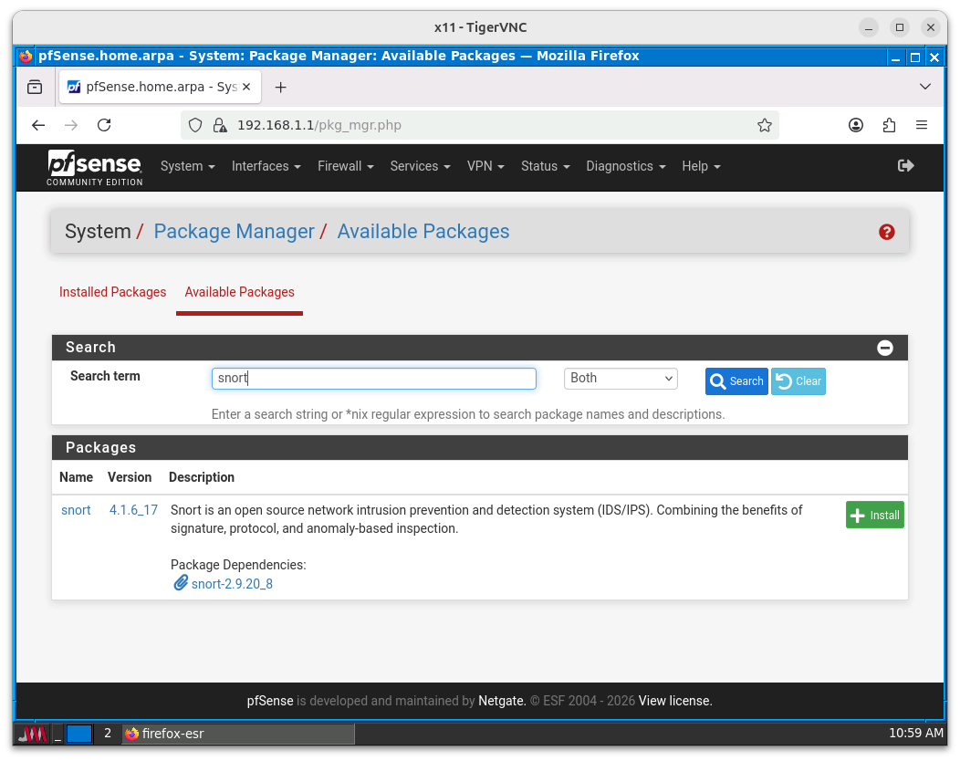 Instalación del packete `snort` en pfSense.