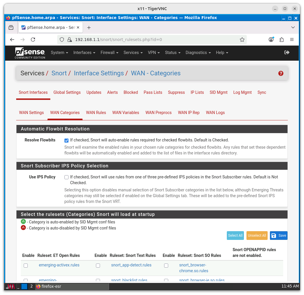 Aquí tendrá que activar la distintas categorías de reglas de Snort.