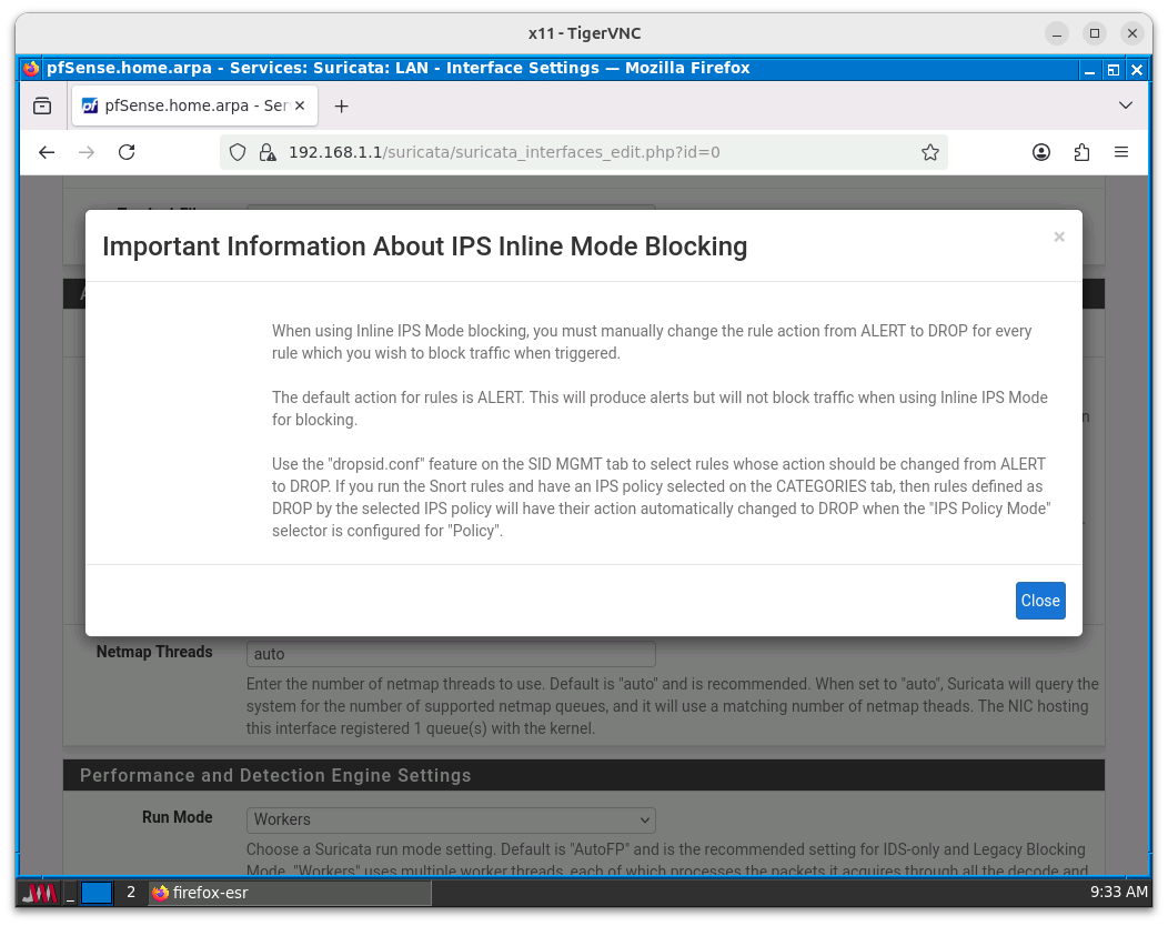 Suricata nos mostrará este aviso al activar el modo Inline