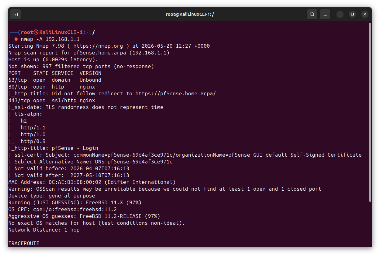 Ejecutamos un escaneo agresivo con `nmap -A` contra la interfaz LAN del firewall