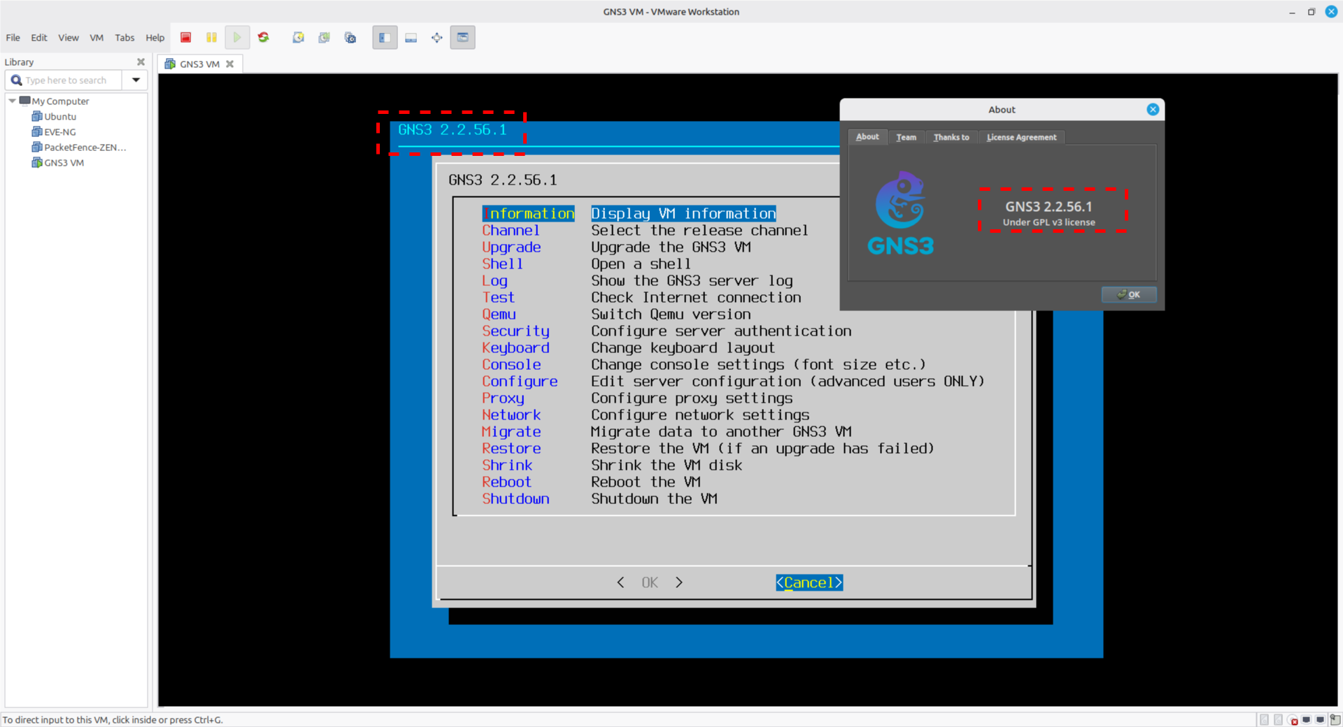 En este ejemplo la versión del cliente y la GNS3 VM es la 2.2.56.1
