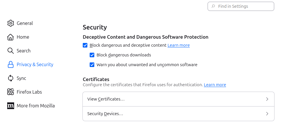 Sección de *Certificados* en Firefox