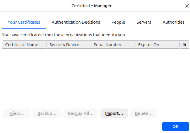 Pestaña de *Sus certificados* en Firefox