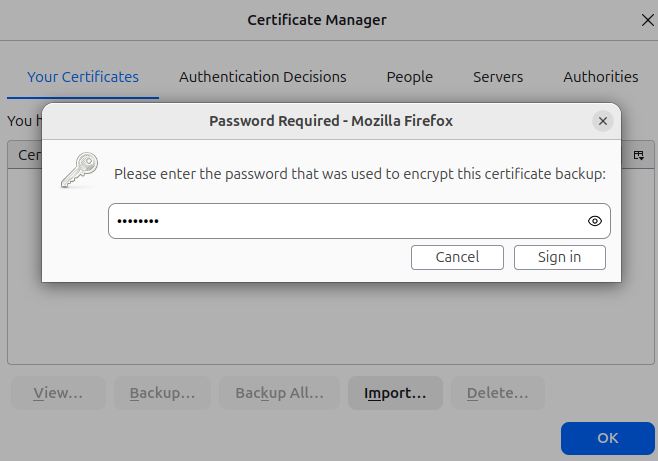 Validación de la contraseña para importar el certificado en el navegador