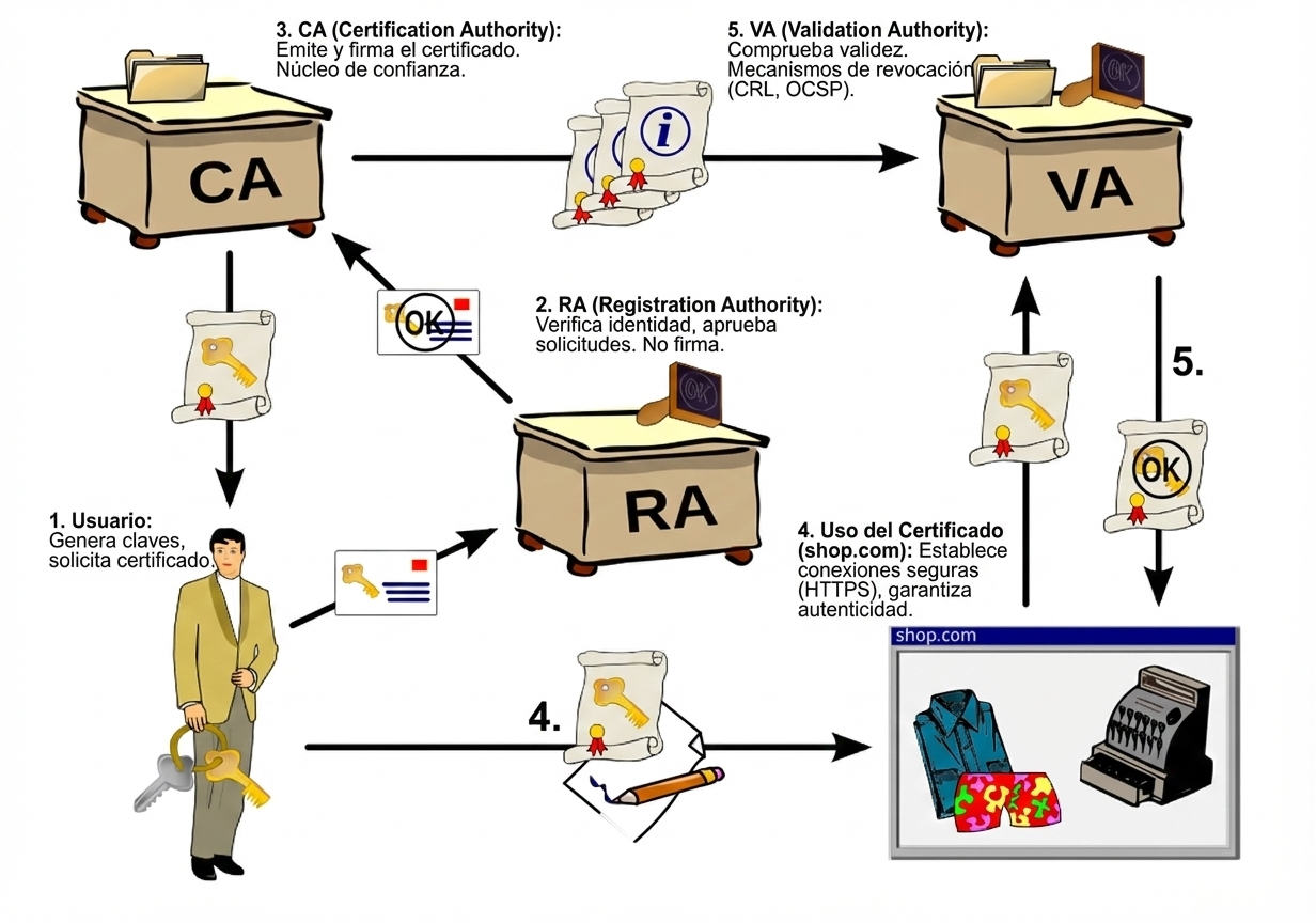 Infraestructura de clave pública (PKI). Imagen obtenida de https://es.wikipedia.org/wiki/Infraestructura_de_clave_p%C3%BAblica[Wikipedia.]